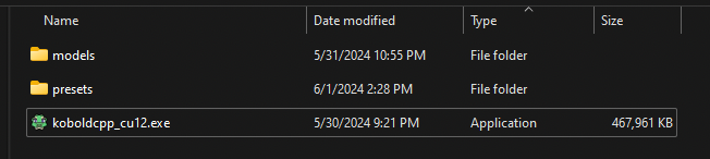 Screenshot showing Windows Explorer in a folder, with "models" and "presets" folders visible and a single file named koboldcpp_cu12.exe in it.